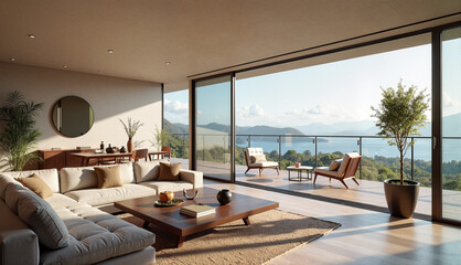 Modern living room with scenic mountain view