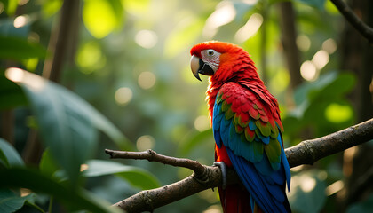 Fototapeta premium Rosella parrot sitting on a branch in the wild jungle surrounded by lush greenery