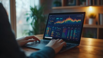 A businesswoman analyzing growth with charts and statistics on her laptop in a bright office.