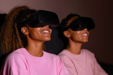 Two african female adults enjoy virtual reality experience together