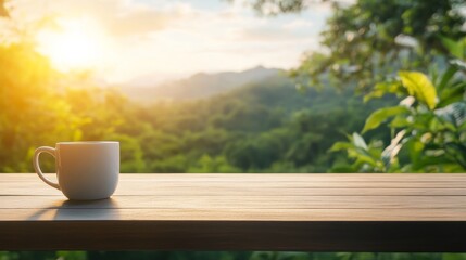 Serene Morning Scene Featuring a White Coffee Mug on a Rustic Wooden Table with Lush Green Nature and Soft Sunrise Light in the Background