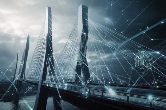 Modern suspension bridge illuminated by futuristic lights during cloudy evening