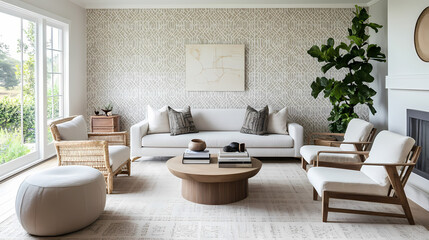 Elegant modern living room features a stunning geometric patterned wallpaper in shades of gray, beige, and white, complemented by sleek furniture and plenty of natural light. Sunwoven. Illustration
