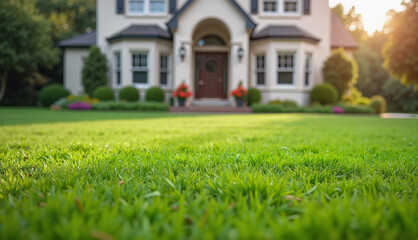 Beautiful house with a well-maintained lawn in suburban setting