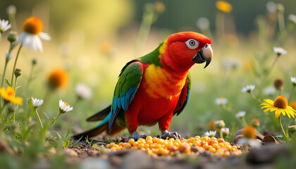 Rosella parrot standing on the ground surrounded by flowers and eating berries in nature