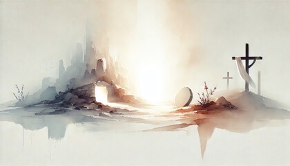 Easter Morning: The sealed tomb at dawn, light softly breaking through darkness. Digital watercolor painting.