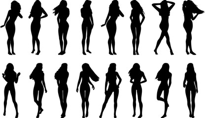 Design of set of 16 posing woman silhouettes