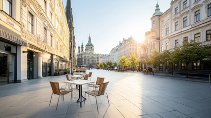 Naklejka premium Charming outdoor cafe setting with empty chairs and tables at sunrise in a picturesque European street highlighting beautiful architectural details and warm sunlight