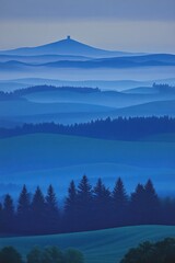 Serene Blue Hour Landscape: Rolling Hills, Distant Tower, and Silhouetted Trees