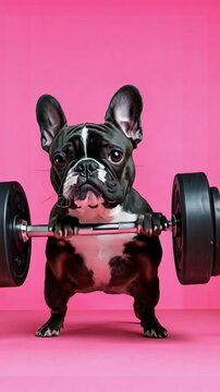 Playful dog demonstrates strength by lifting weights in a bright pink setting. Bodybuilding workout at gym