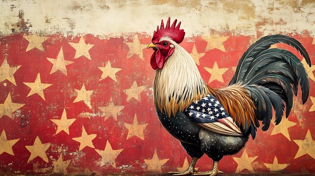 Patriotic Rooster on Vintage American Flag Background