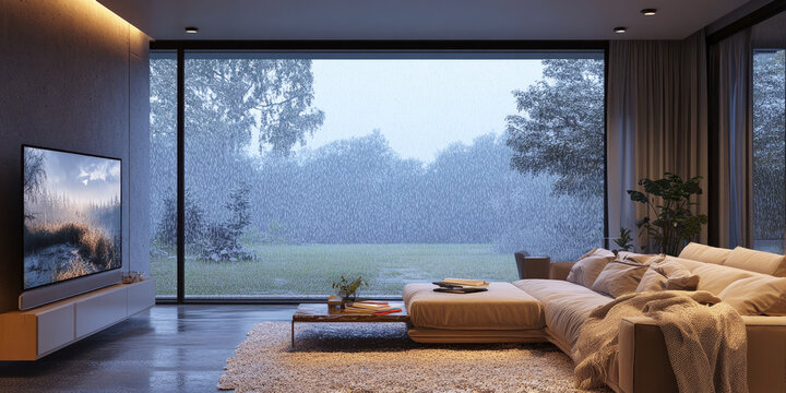 Fototapeta A cozy living room interior with a large screen TV displaying a sunset scene, a comfortable sofa, and a view of rain outside the large windows. Home entertainment, relaxation and cozy atmosphere.