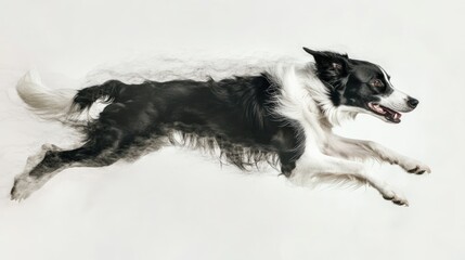 Fototapeta premium A Border Collie posed mid-stretch on a white background, its expressive eyes and sleek fur representing its high energy and intelligence