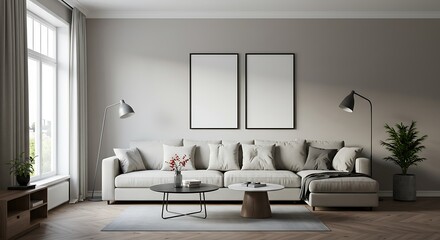 Cozy Living Room Interior with Lounge Area and Blank Wall for Mockup