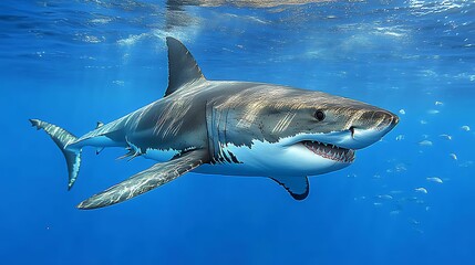 Fototapeta premium Great White Shark Swimming Underwater Ocean Habitat