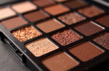 Fototapeta premium closeup of open eyeshadow palette with various brown and neutral shades. makeup and beauty concept. cosmetics advertising, fashion poster in mocha mousse tones - color of the year 2025