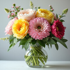 Colorful bouquet of flowers in a glass vase showcasing various blooms in bright colors during the daylight