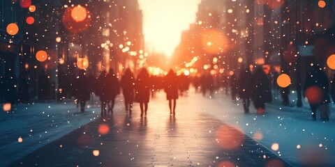 Blurred glowing city lights creating a serene snowy winter urban backdrop, evoking cozy seasonal charm, style book illustration