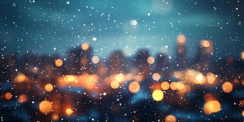Obraz premium Blurred glowing city lights creating a serene snowy winter urban backdrop, evoking cozy seasonal charm, style book illustration