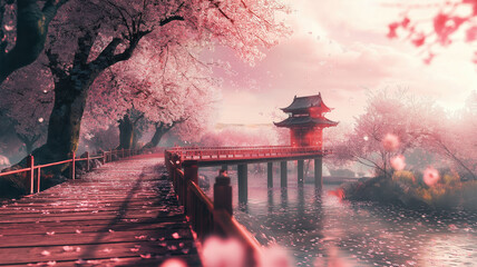 Beautiful cherry blossom sakura garden, spring nature background wallpaper