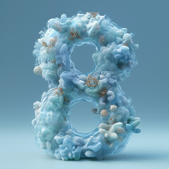 A number 8 sculpted from light blue corals