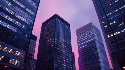 Fototapeta premium City skyline with a purple sky in the background.