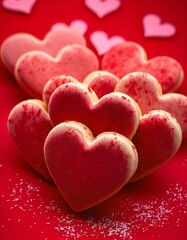 Obraz premium red background with a bunch of heart shaped cookies, red hearts, on a red background, cookies, pink hearts in the background, beautiful high resolution, pink and red colors, close.