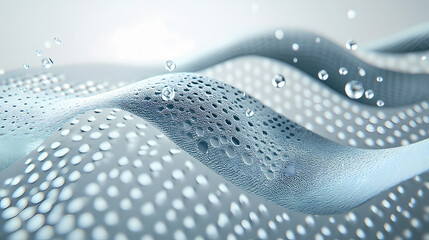 A modern 3d illustration depicting water droplets on perforated spunbond synthetic fiber nonwoven fabric, demonstrating its waterproof properties and cooling performance. Sunwoven. Illustration