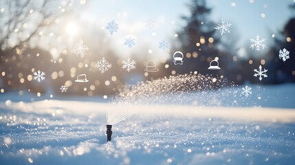 Serene Sprinkler Spraying Sparkling Frost Mist in Snowy Winter Landscape with Stylized Icons