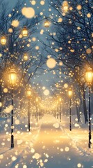 Obraz premium Abstract blurred winter cityscape with softly glowing festive lights on snow-covered streets, creating a peaceful holiday atmosphere, style book illustration