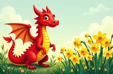 Obraz premium playful cute red dragon with yellow belly stands among bright daffodils under clear sky. fantasy creature in spring landscape. children's book illustration. design for greeting card.