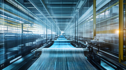 An automated textile factory weaving fabrics using advanced machinery, with minimal human intervention. Sunwoven. Illustration