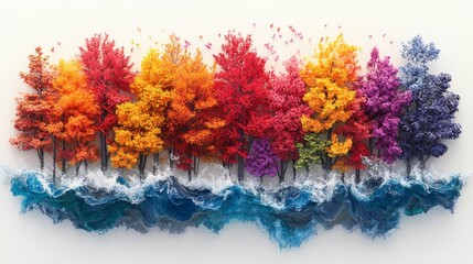 Vibrant rainbow colored trees stand against a blue wavy base.