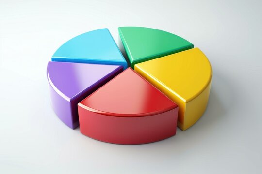 Colorful 3d pie chart is lying on a white surface, representing market share with six segments