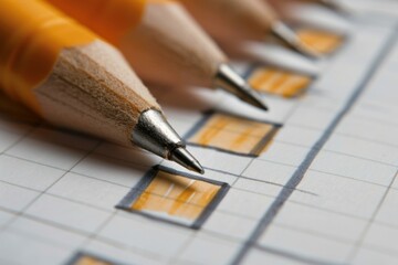 Fototapeta premium Pencils are pointing at a checked notebook with a hand drawn chart, suggesting planning and strategy development