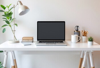 Modern home office desk with laptop, lamp, and plants. Minimalist workspace setup for remote work. Clean white interior design for productivity and focus