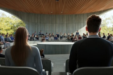 Audience engaged in a discussion at a modern outdoor amphitheater in daytime