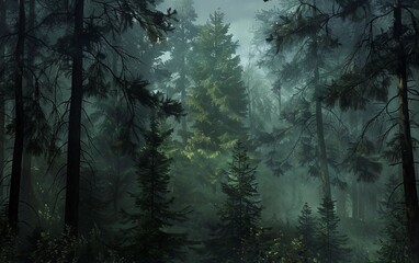A dense dark forest with towering pine trees and a mysterious, shadowy atmosphere