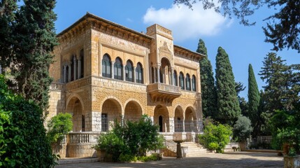 Fototapeta premium Majestic Stone Palace in a Lush Garden