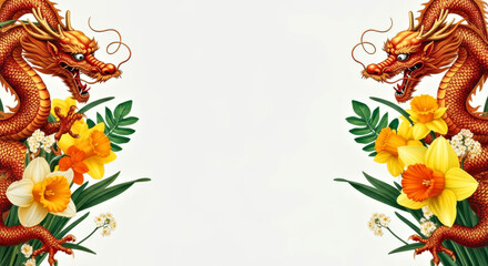 Vibrant Dual Dragons and Daffodils with Greenery on Elegant White Background. Dragon for St. David's day