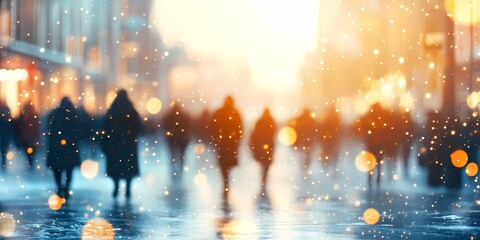 Fototapeta premium Soft blurred warm lights scattered across snowy streets in a cozy winter cityscape, evoking tranquil and festive vibes, style book illustration