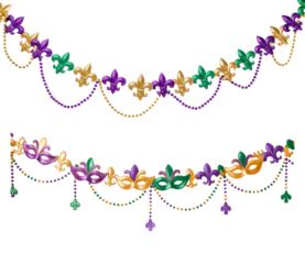 A garland of beads and masks hangs on a transparent background. Mardi Gras decor