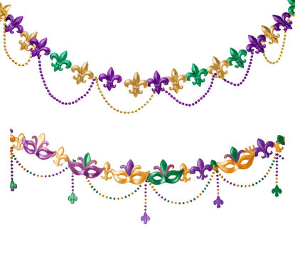 A garland of beads and masks hangs on a transparent background. Mardi Gras decor