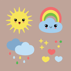 Vector illustration of cute kawaii weather icons with sun, clouds, rainbow, and hearts in pastel colors.