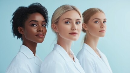 Obraz premium A diverse group of women in white lab coats, showcasing various roles, standing in soft natural lighting against a light blue background