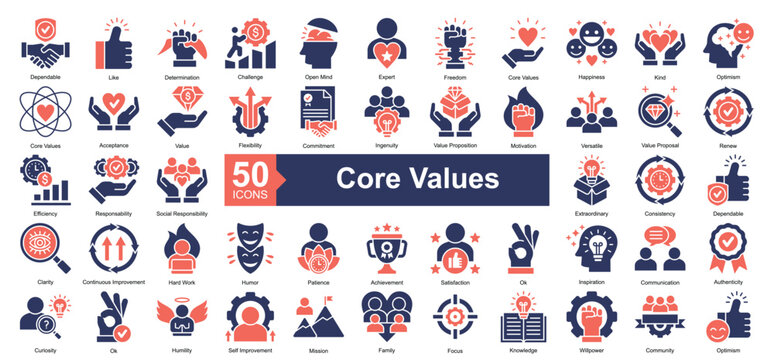 Core Values Icon Collection Set.Containing dependable, like, determination, challenge, open mind, expert, freedom, core values, happiness icon. Simple dual tone style Vector Illustration.	
