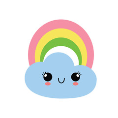 Cute cloud and rainbow in kawaii style. Flat vector illustration