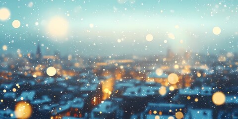 Soft blurred warm lights scattered across snowy streets in a cozy winter cityscape, evoking tranquil and festive vibes, style book illustration