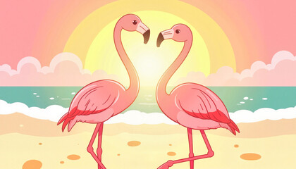 Playful flamingos dancing at sunset by the beach, love and romance