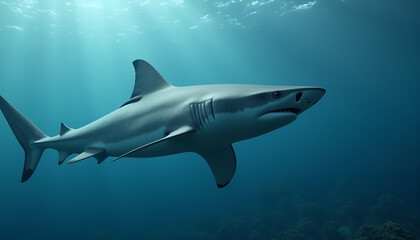 Fototapeta premium Shark swimming gracefully, calm and majestic, in deep ocean background, copy space